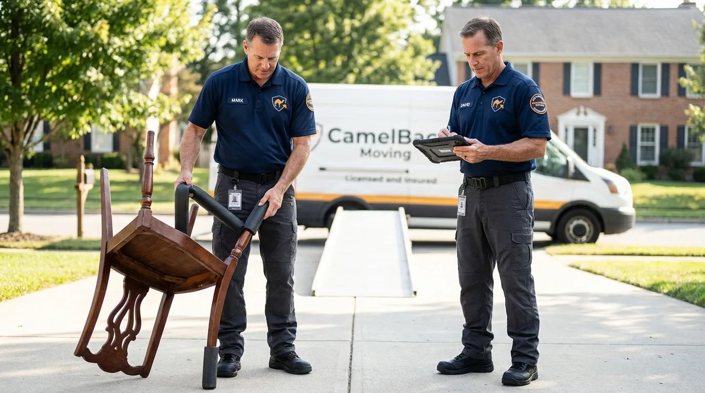 Movers inspecting furniture for damage prevention before loading in Northbridge, MA