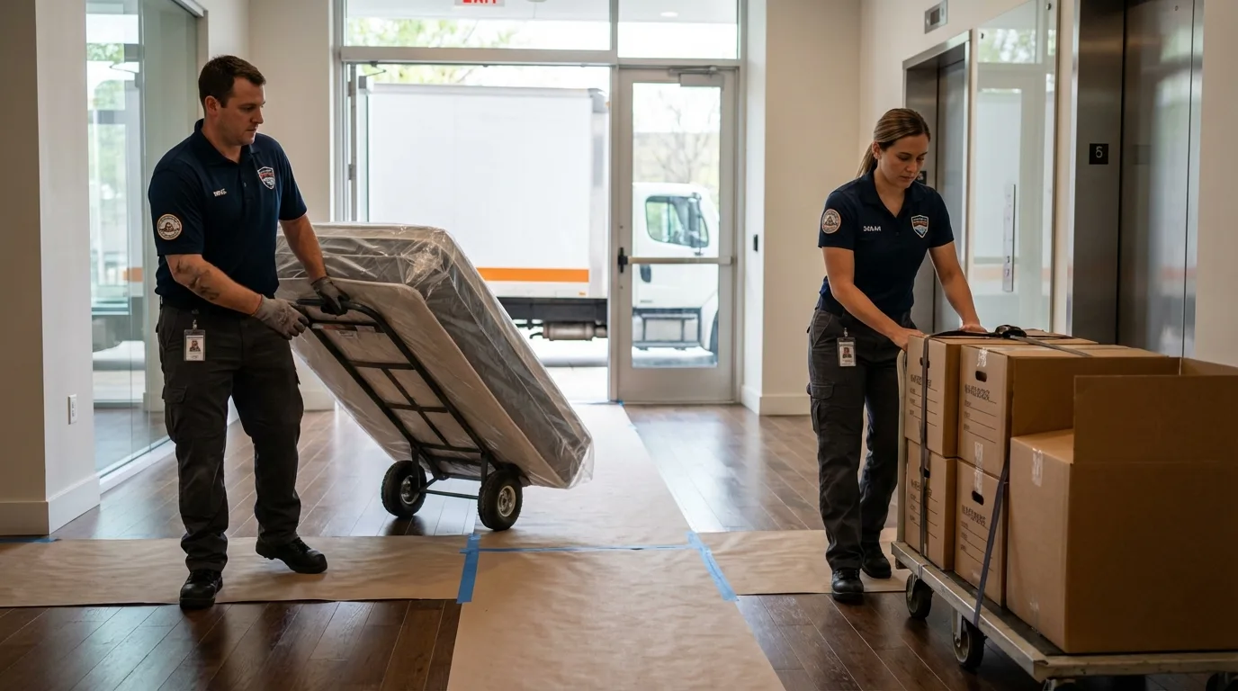 Professional apartment movers loading elevator in Northbridge, MA