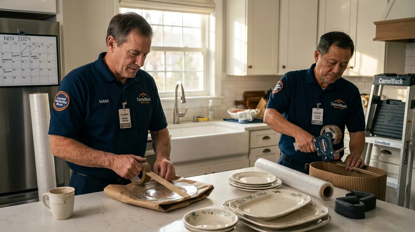 Professional crew packing kitchen dishware in Northbridge, MA
